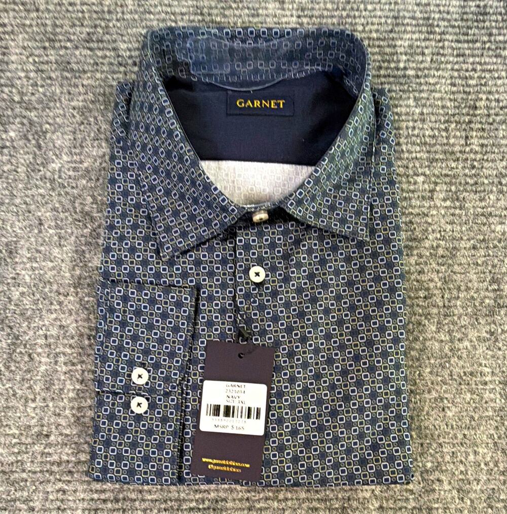 Garnet Men's Non-Iron Slim Fit Dress Shirt Blue/White Geometric 15.5 32/33